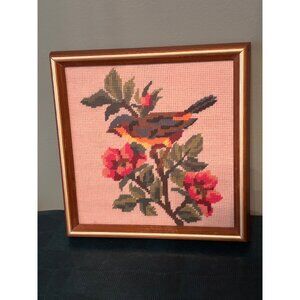 Vintage Needlepoint Bird on Flowers Wood Frame Needlework Cross-Stitch Tapestry